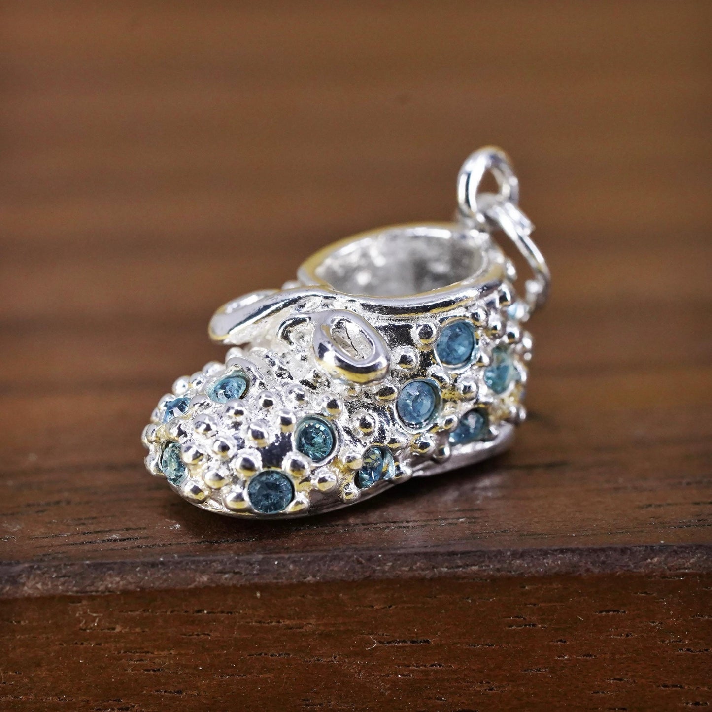 Vintage Sterling silver handmade pendant, 925 baby shoes charm with blue cz