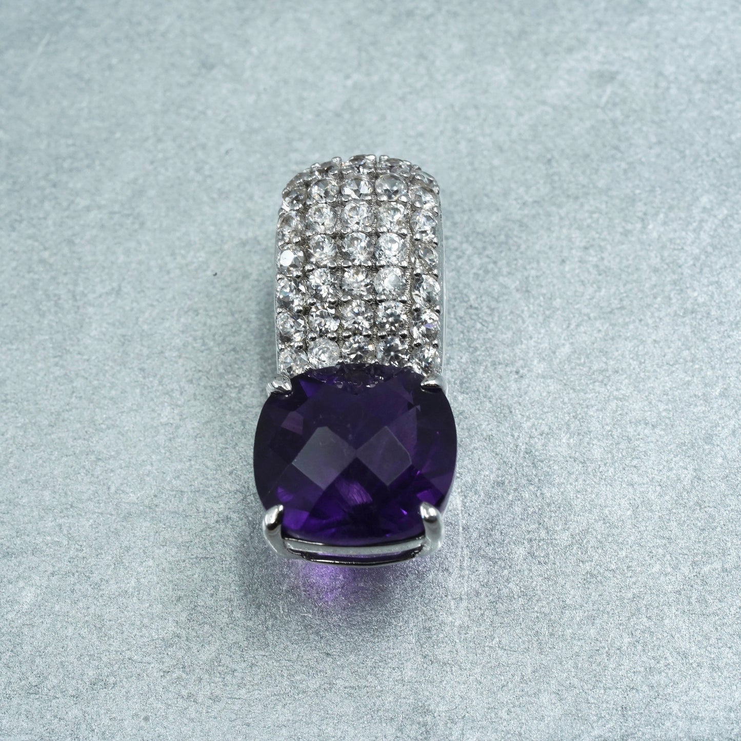 sterling 925 silver pendant with checkerboard cut amethyst and cluster cz