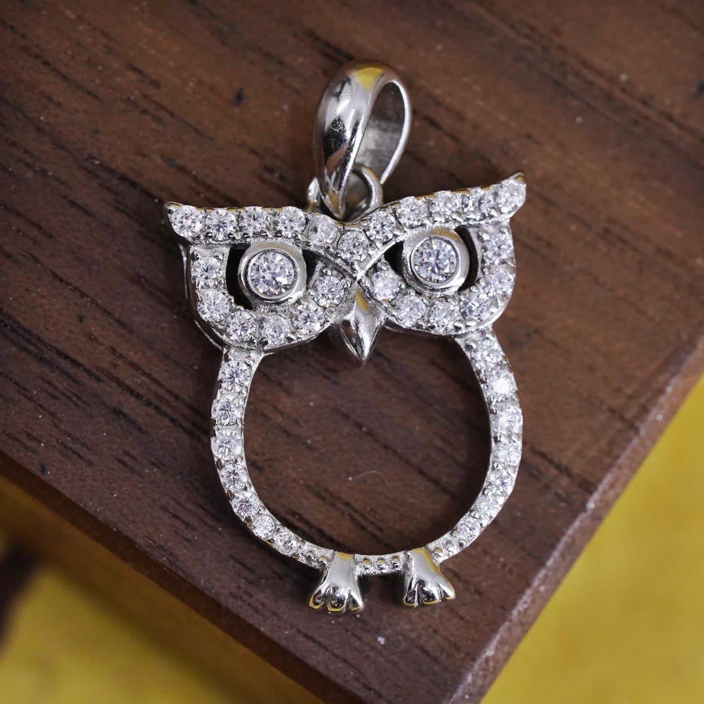 Vintage sterling silver pendant, 925 owl with cluster cz