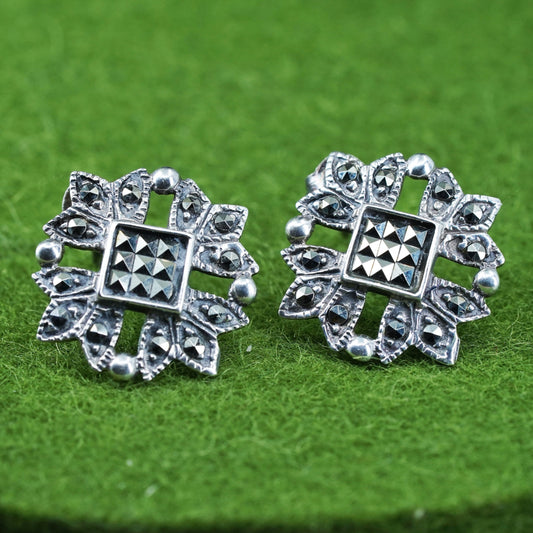 Vintage Sterling silver handmade earrings, 925 snowflake flower studs marcasite