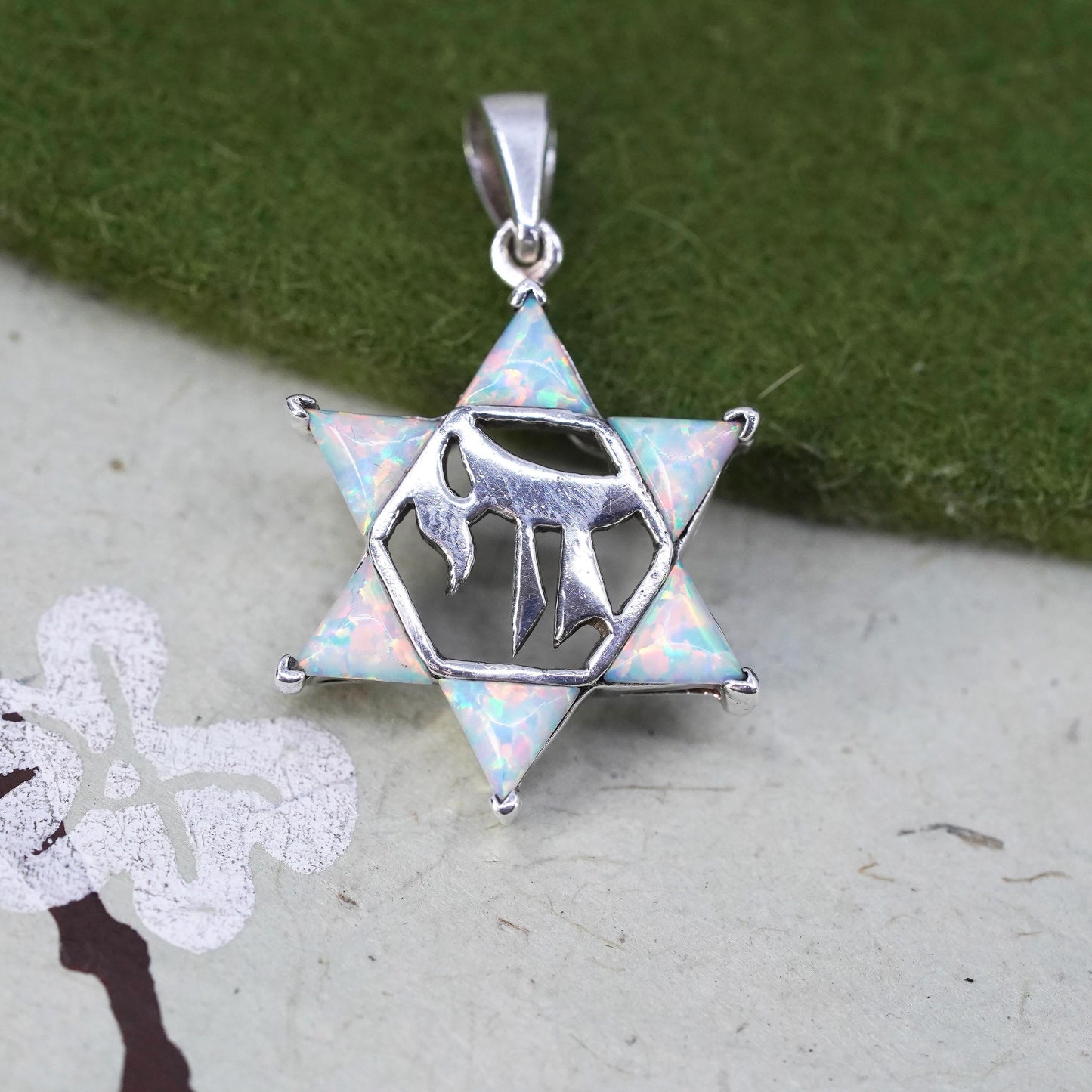 Vintage sterling silver 925 handmade Hebrew hexagram pendant with opal inlay