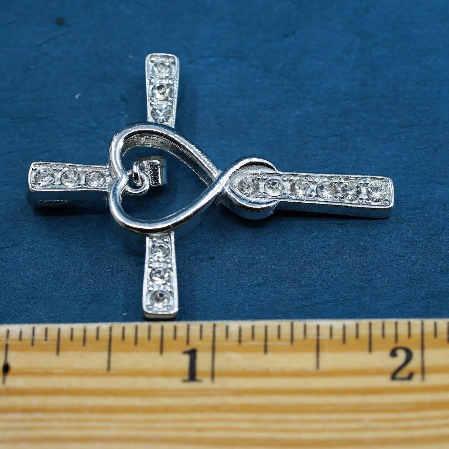 Vintage Sterling silver handmade pendant, 925 heart cross with cz