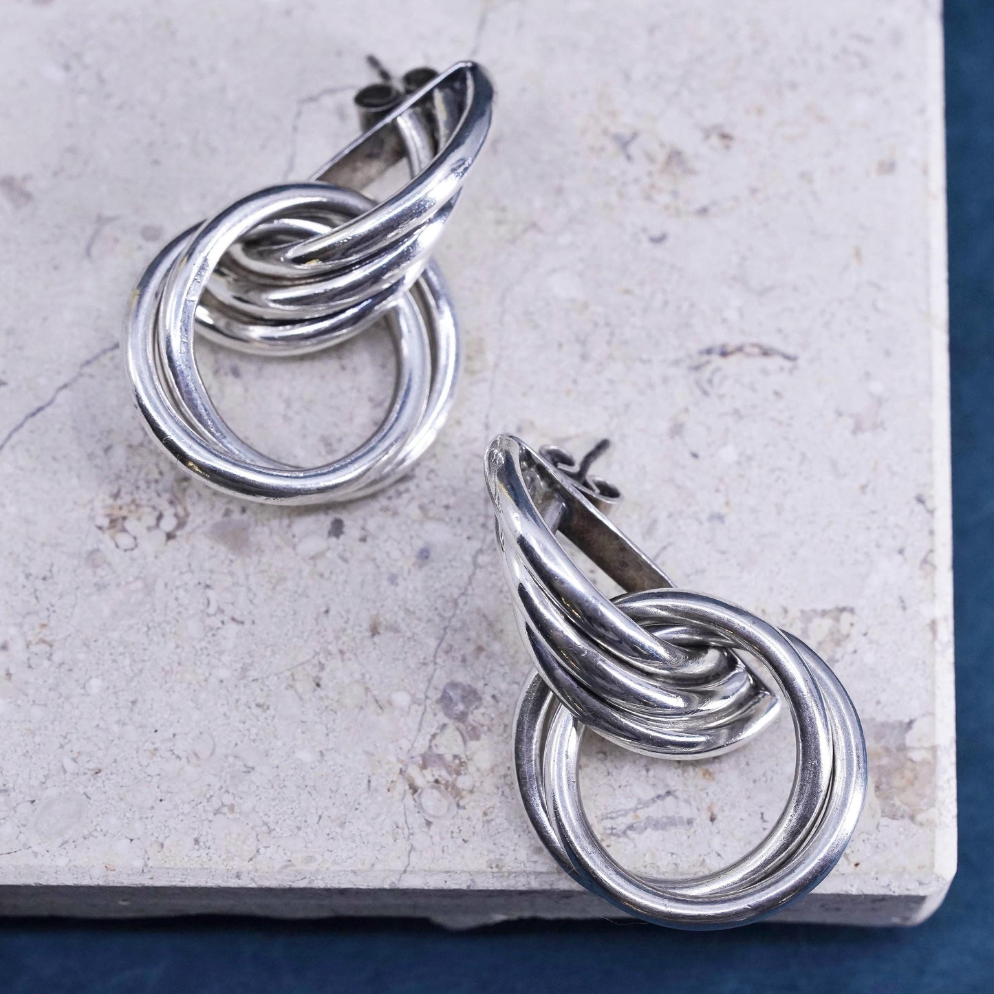 Vintage sterling 925 silver entwined circle earrings, semicircle studs dangles