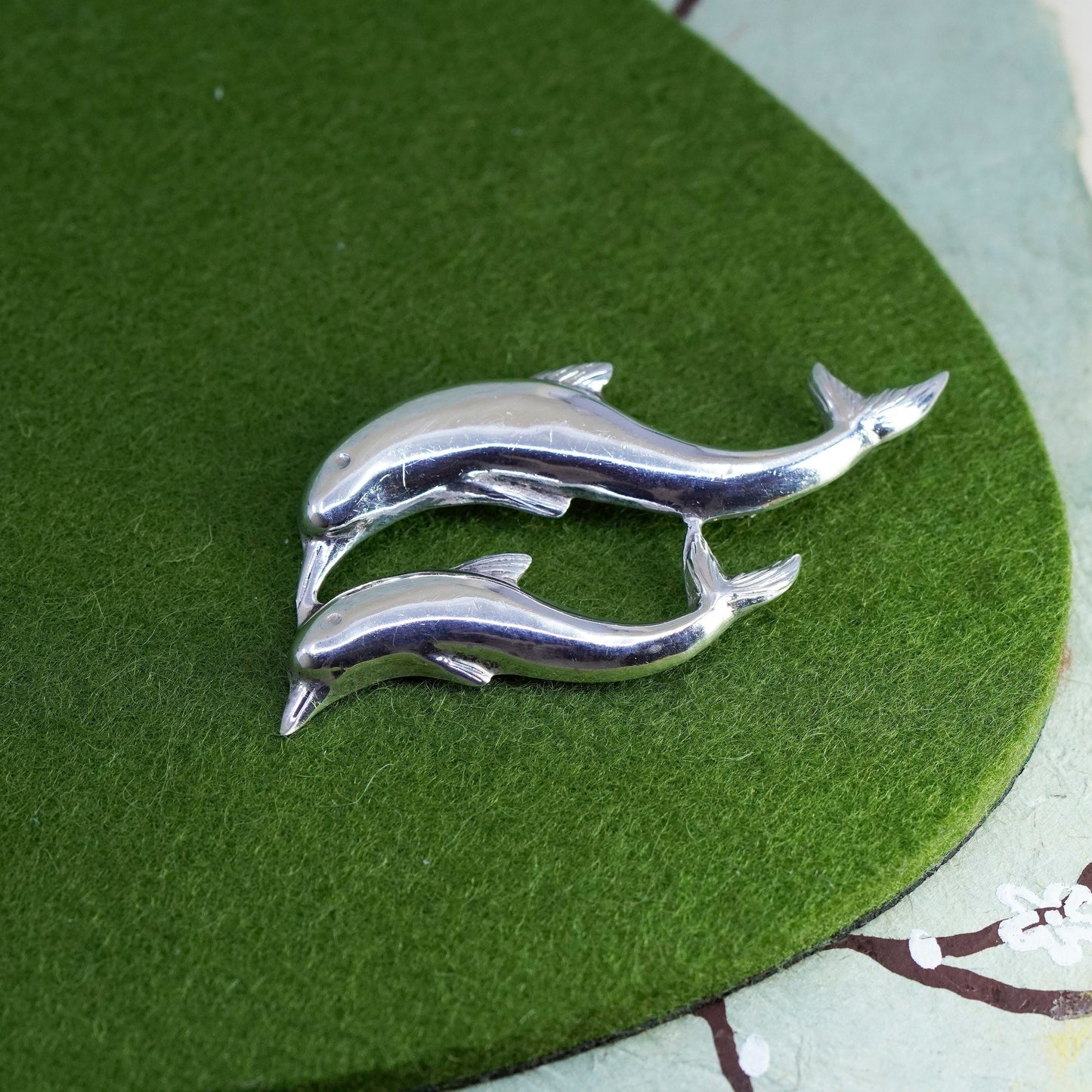 Vintage sterling silver handmade pendant, Mexico 925 Dolphins