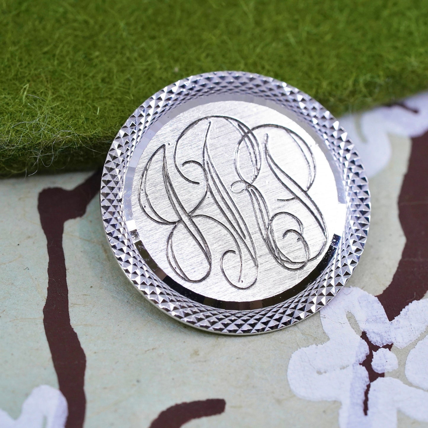 sterling silver handmade brooch, round tag with name monogram "GRP" engraved