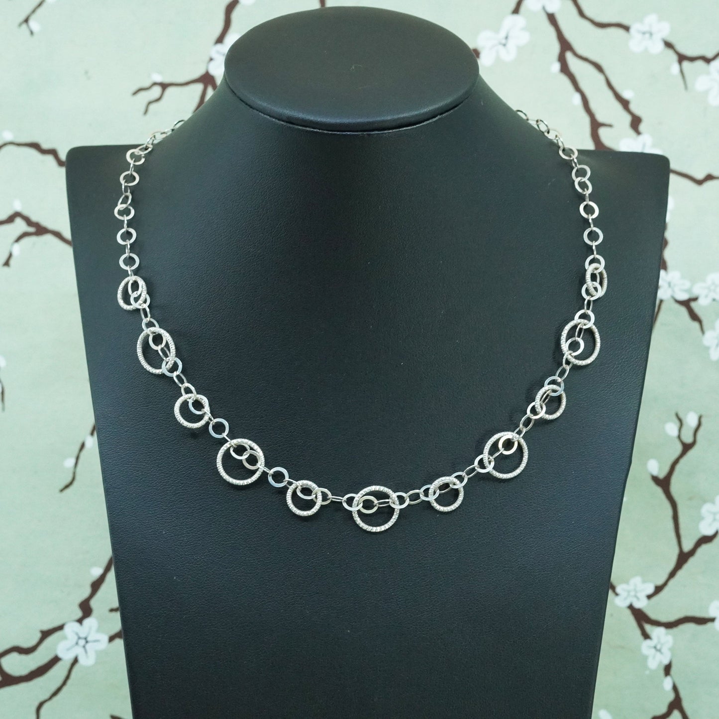 17”, vintage Italian Sterling 925 silver matte flatten circle handmade necklace