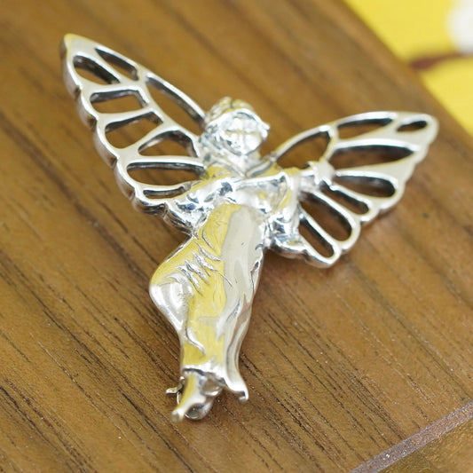 Vintage handmade sterling 925 silver angel brooch with butterfly wings