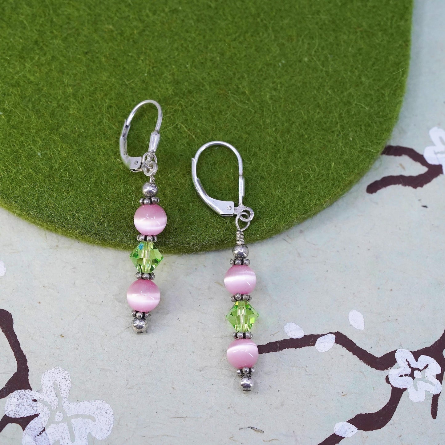 Vintage Sterling 925 silver handmade earrings with pink green cats eye beads