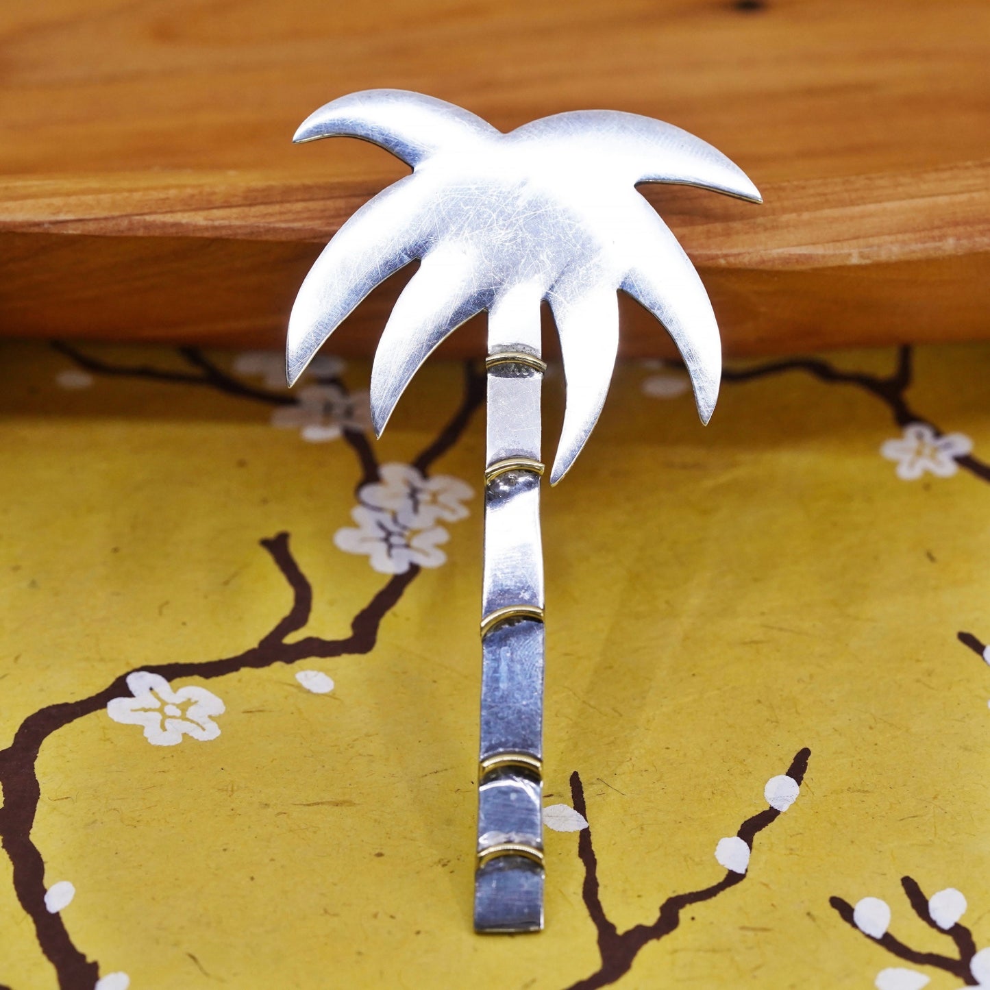 Vintage handmade two tone sterling 925 silver palm tree pendant brooch