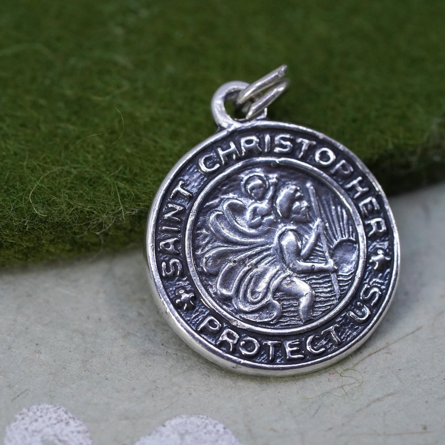 sterling 925 silver “Saint Christopher protect us” double sided charm pendant