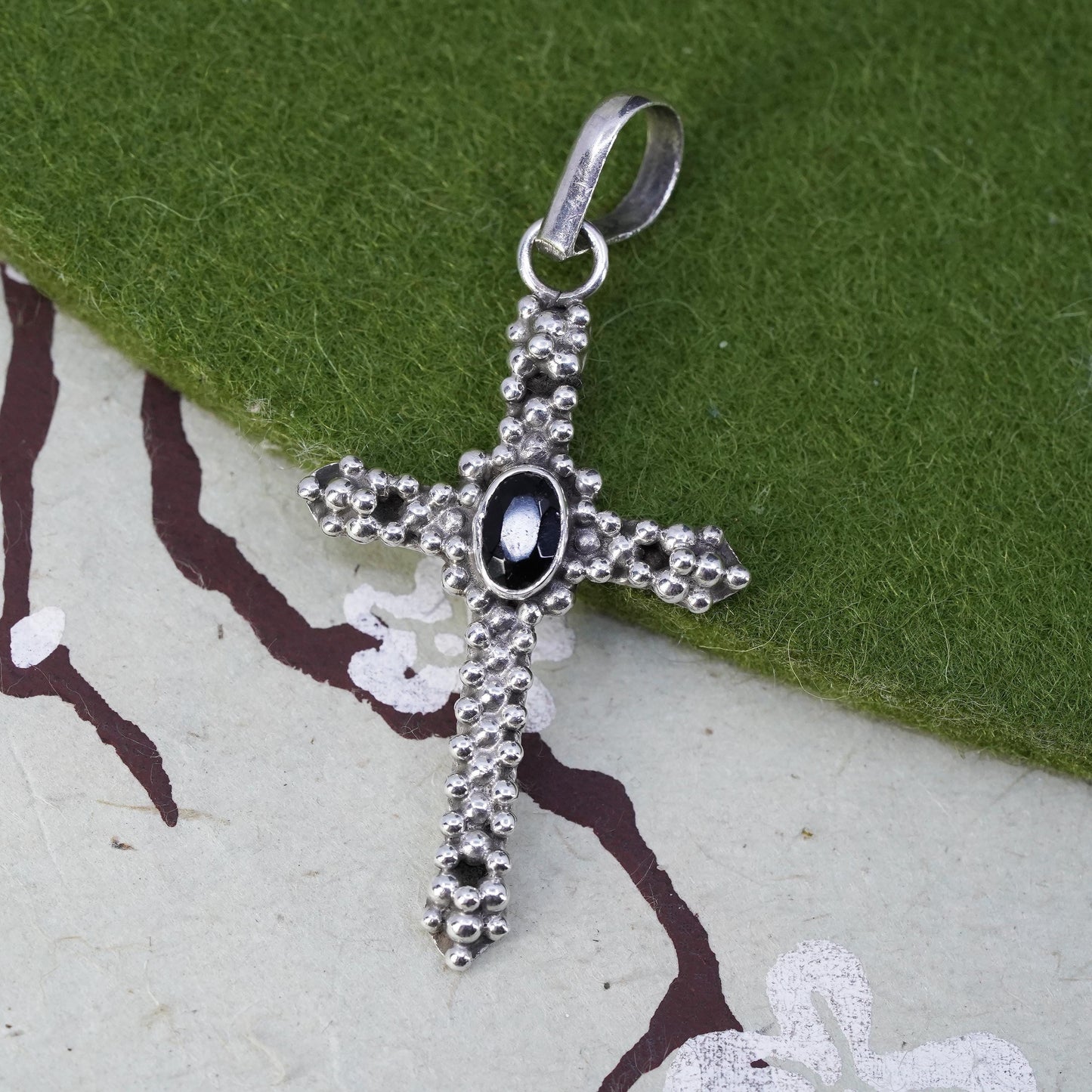 vintage sterling silver handmade pendant, 925 cross with onyx and beads around