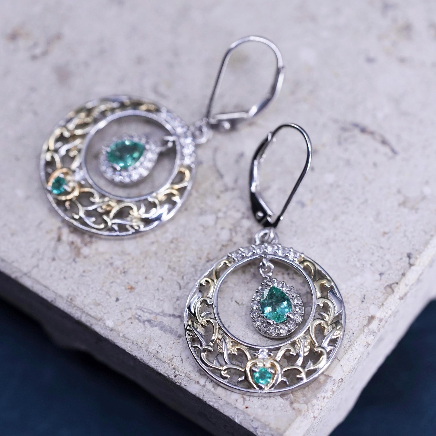 two tone Sterling silver handmade earrings, 925 filigree circle with blue topaz