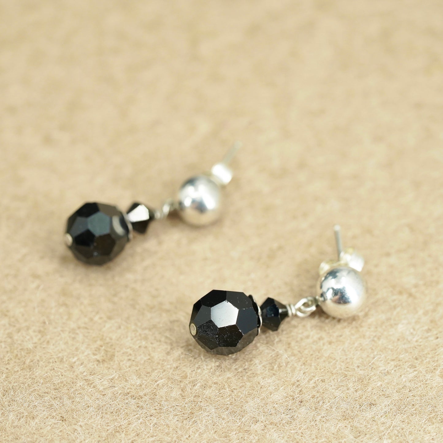 Vintage Sterling 925 silver handmade earrings with obsidian beads