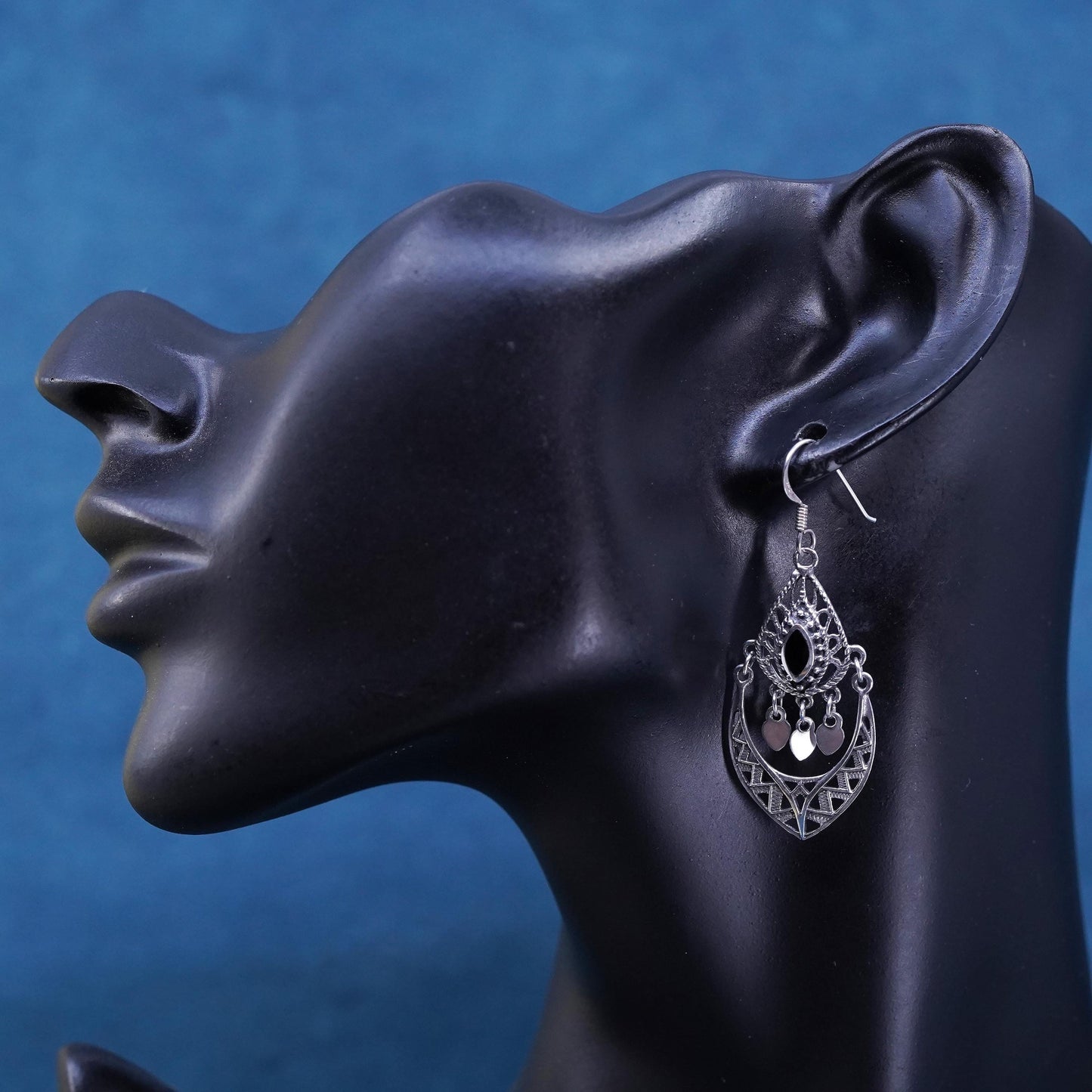 Vintage Sterling 925 Silver filigree Earrings with onyx inlay fridge dangles