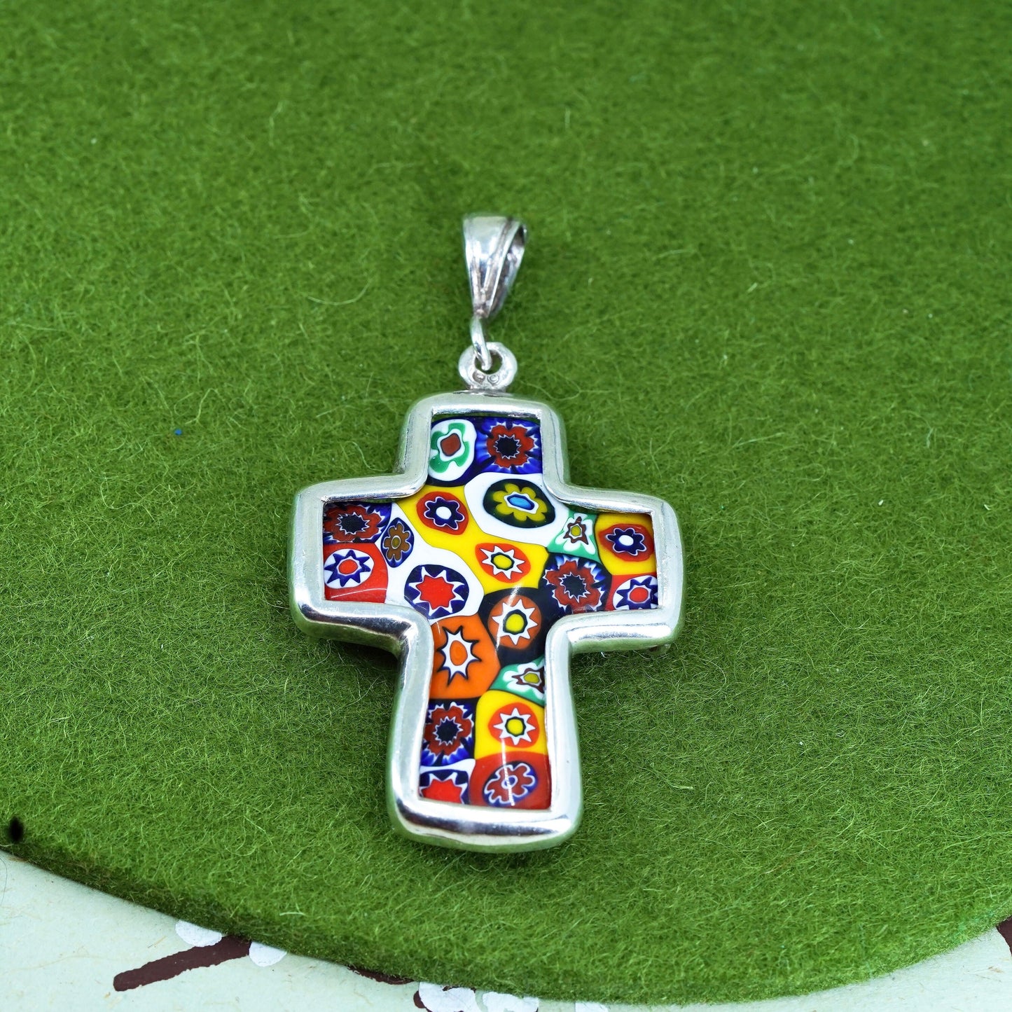 sterling 925 silver cross pendant with multi colored authentic murano glass