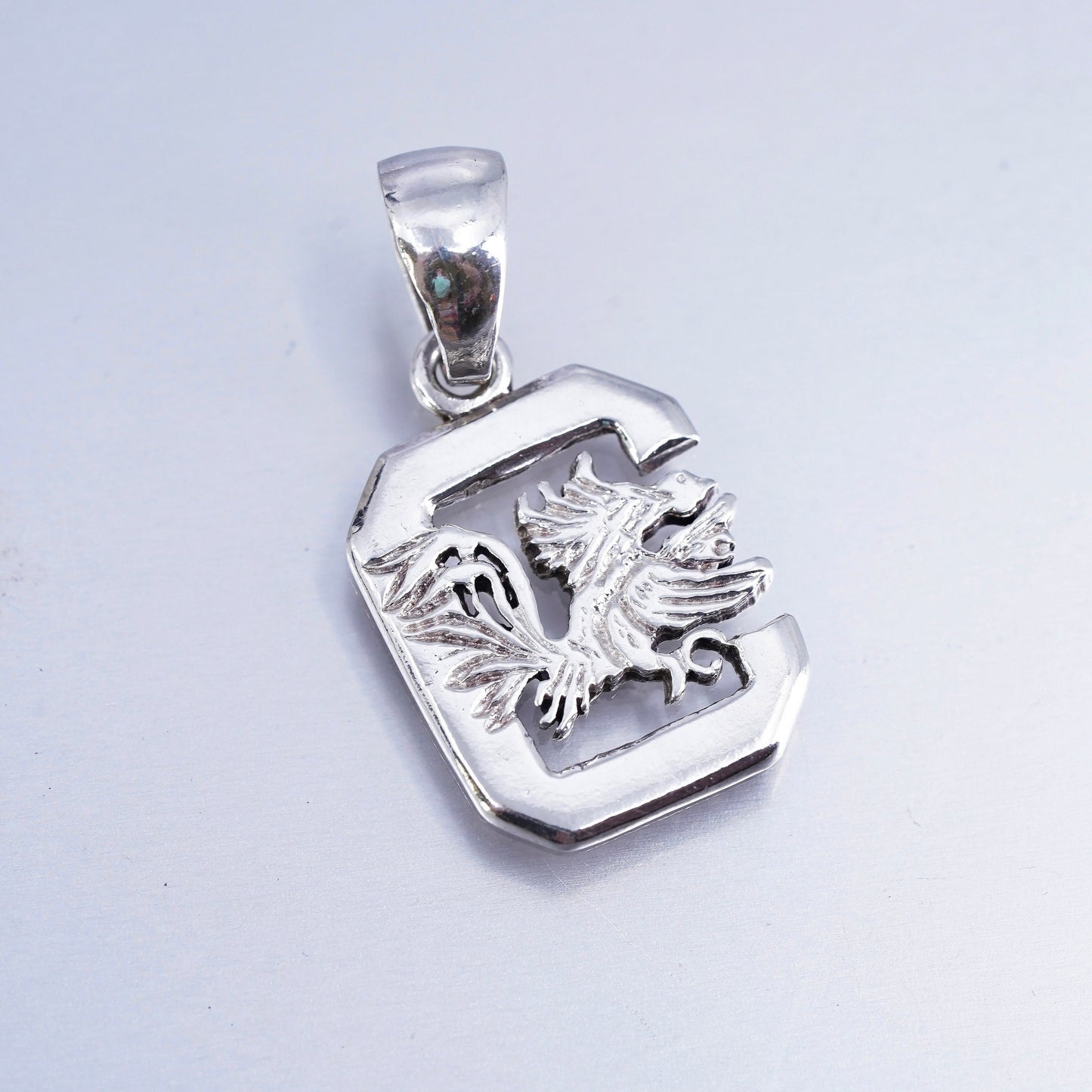 Vintage Sterling silver 925 handmade bird phoenix pendant charm with letter C