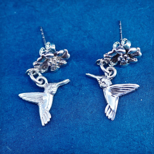 Southwestern silver handmade flower bird earrings, 925 hummingbird dangles