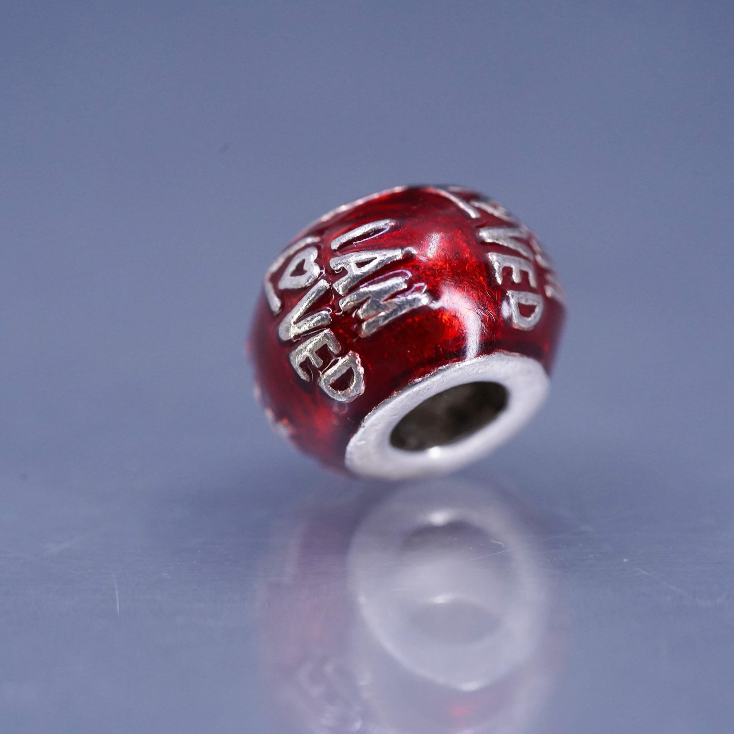 VTG Sterling silver handmade charm, 925 red enamel bead embossed “I’m Loved”