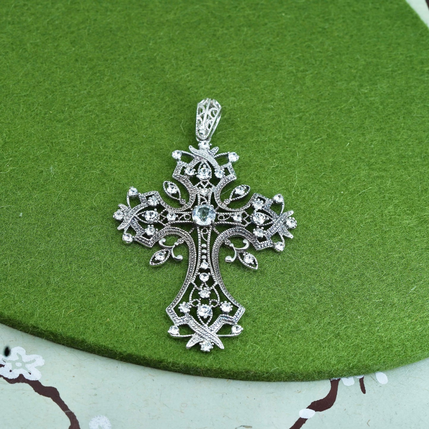 vtg sterling silver pendant, huge 925 filigree cross handmade pendant with Cz