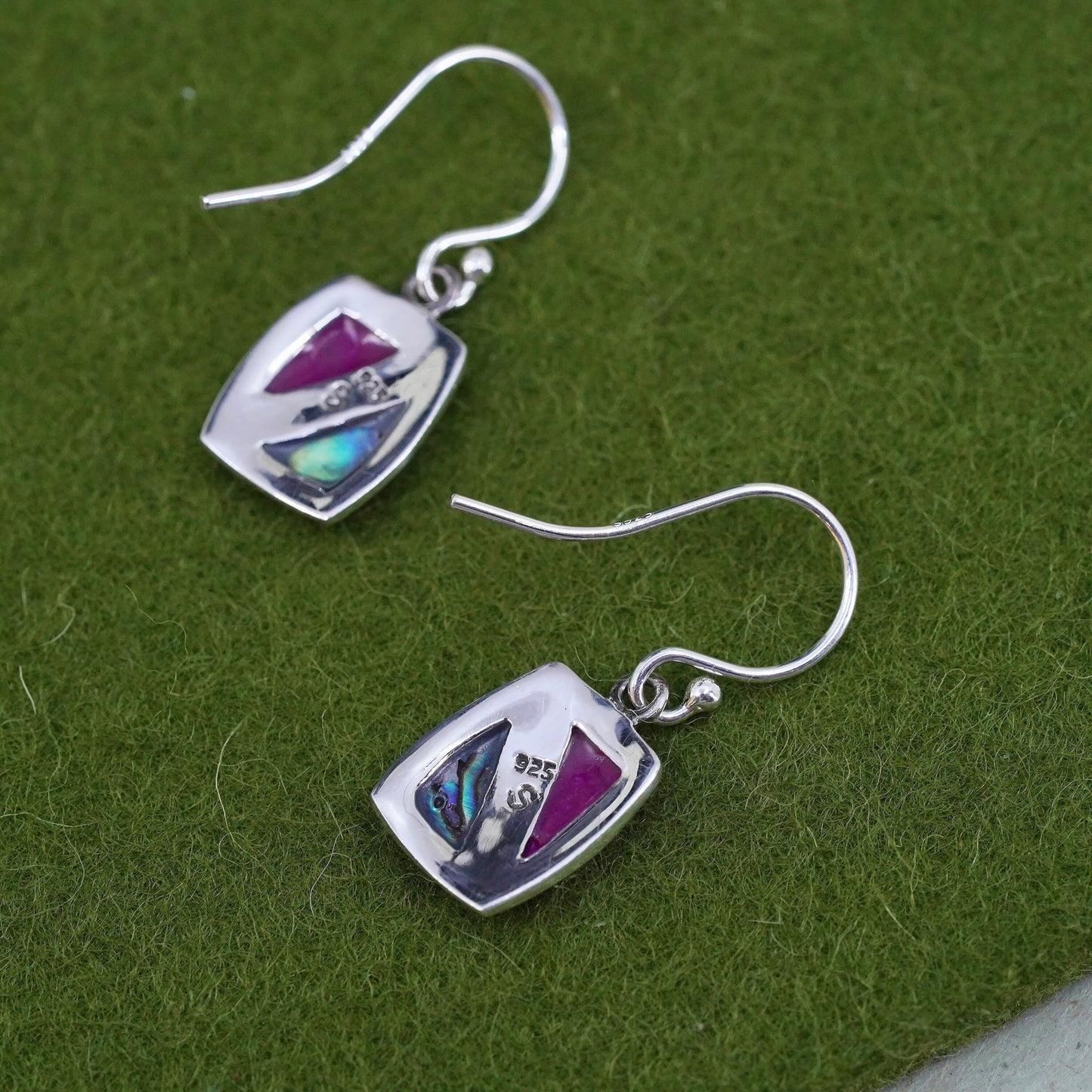 sterling silver earrings, 925 regtangular with abalone and pink mother of pearl