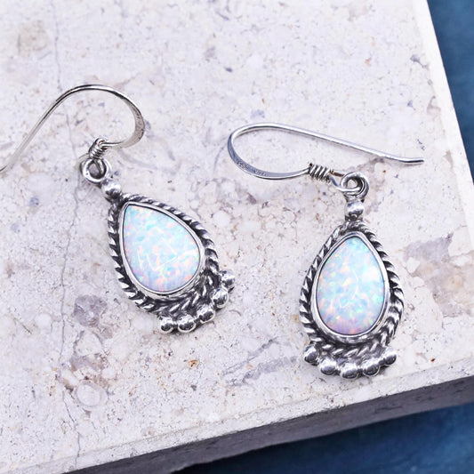 Native American Virgil M. Dishta sterling silver 925 teardrop earrings w/ opal