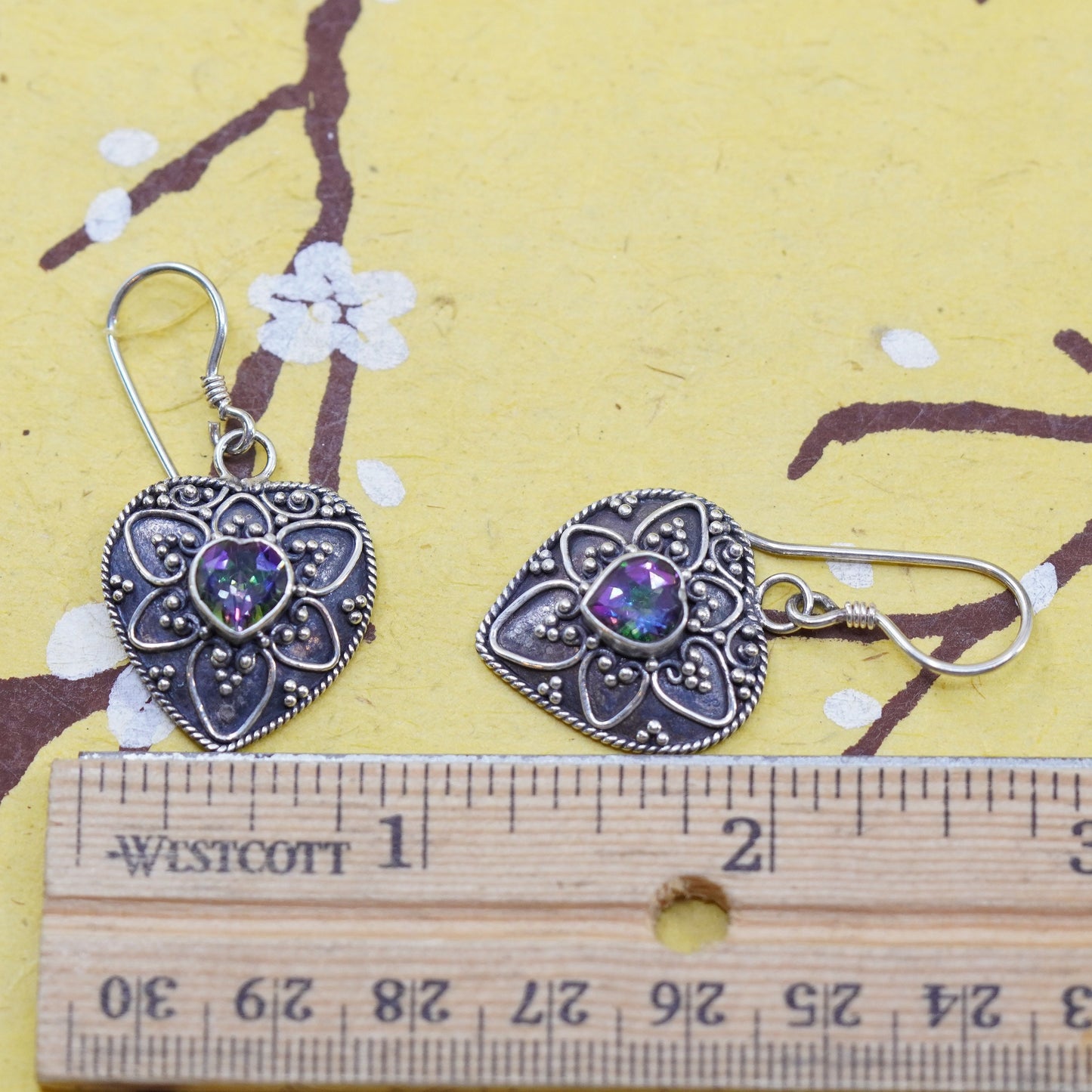 vtg Sterling silver handmade earrings, 925 filigree heart dangles rainbow topaz