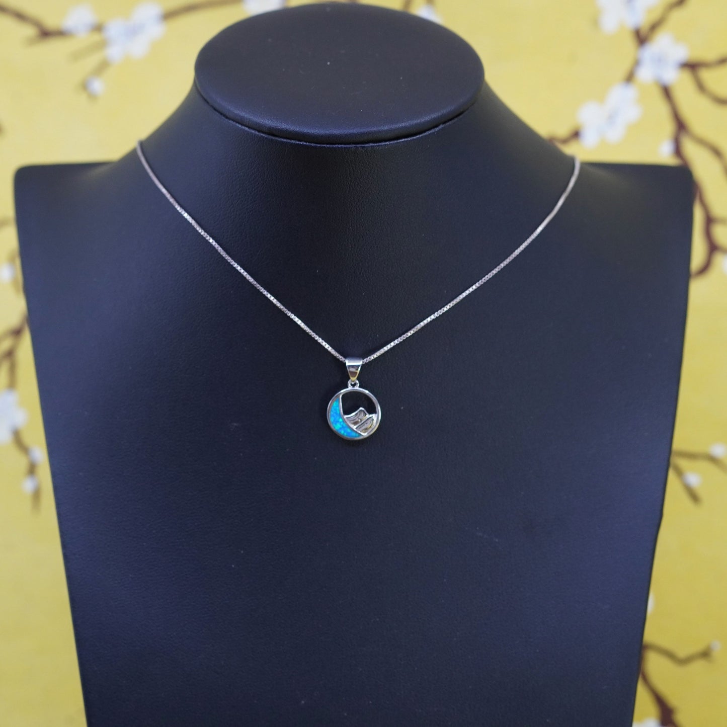 16”, Sterling 925 silver necklace, box chain with moon pendant with opal inlay