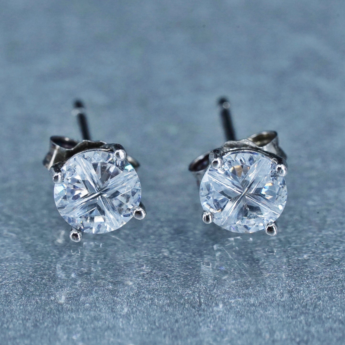 4mm, Vintage Sterling 925 silver handmade earrings, square cz studs