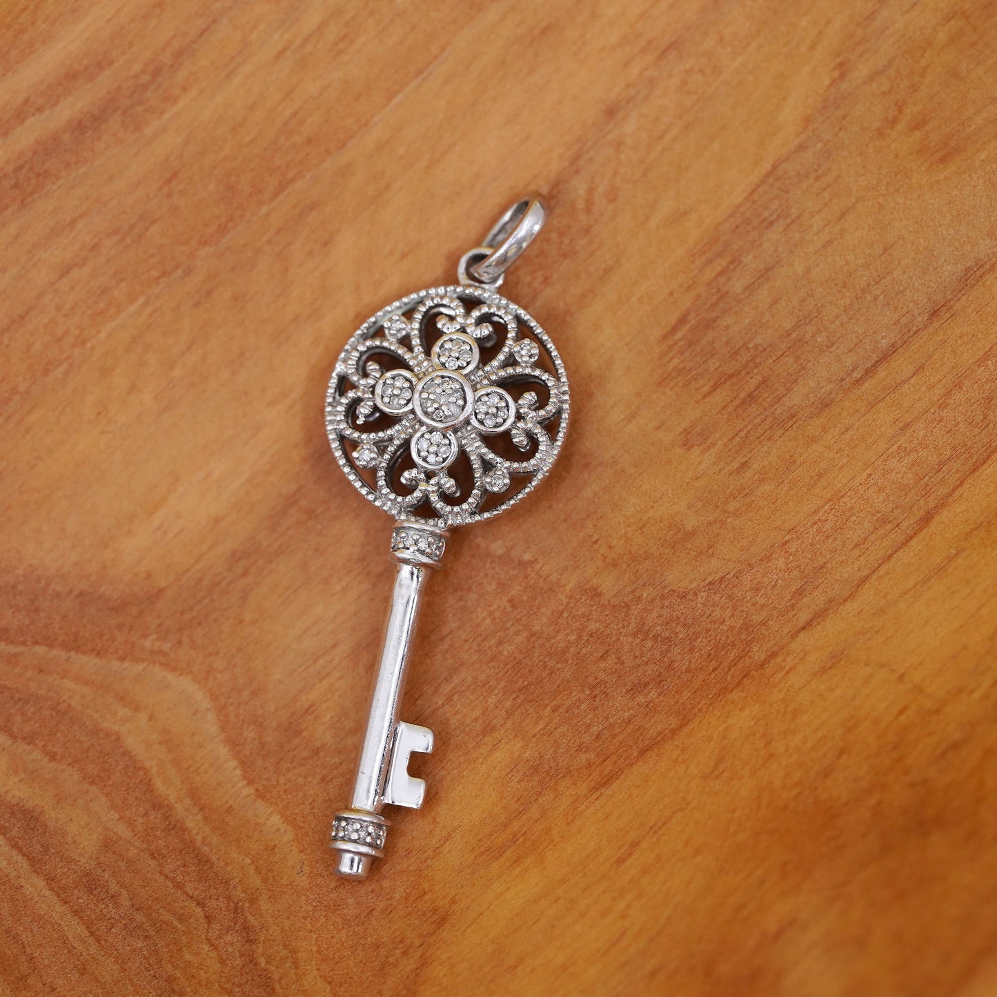 Vintage Sterling silver pendant, 925 key with cluster diamond