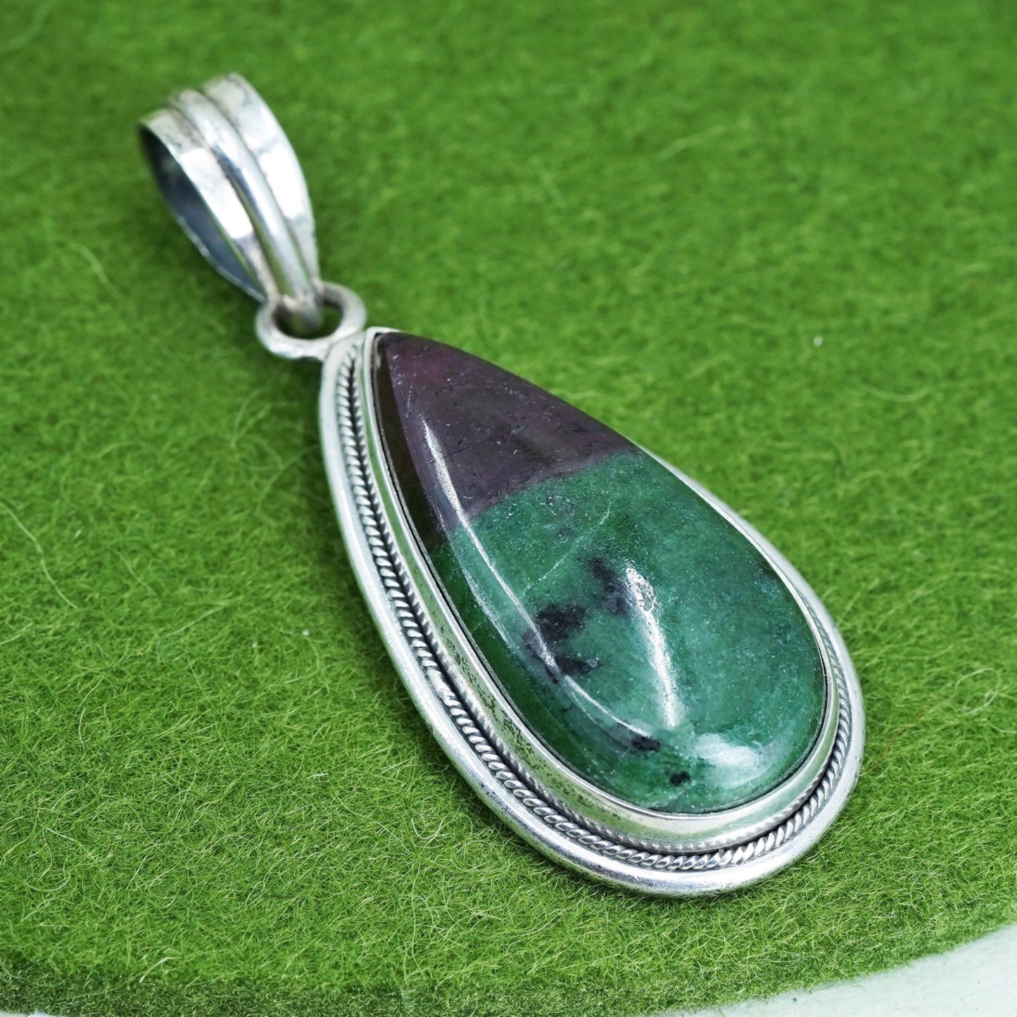 Vintage sterling silver handmade pendant, Mexican 925 teardrop w/ ruby zoisite