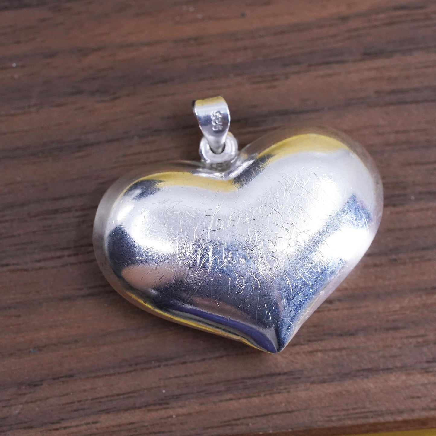 VTG Sterling silver heart pendant, puffy 925 heart engraved “happiness always”