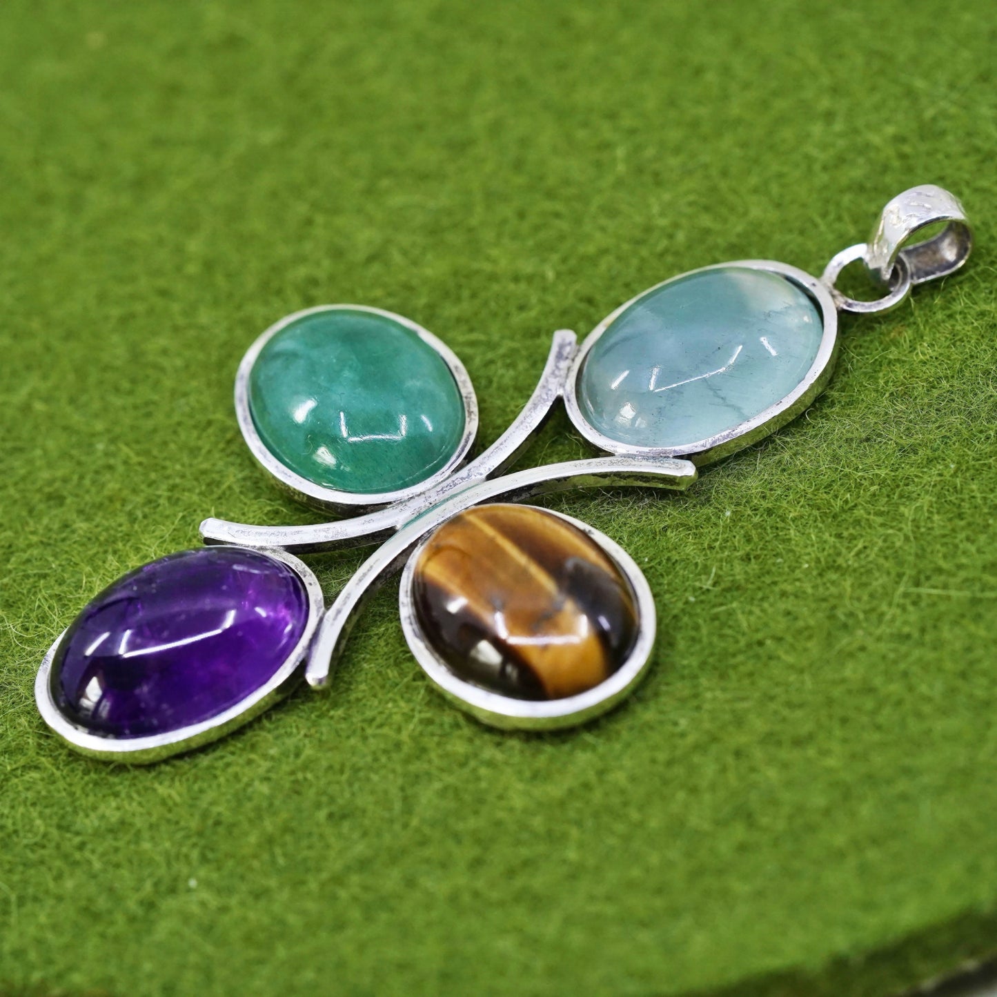 Southwestern sterling silver pendant, 925 cross jade golden tiger eye amethyst