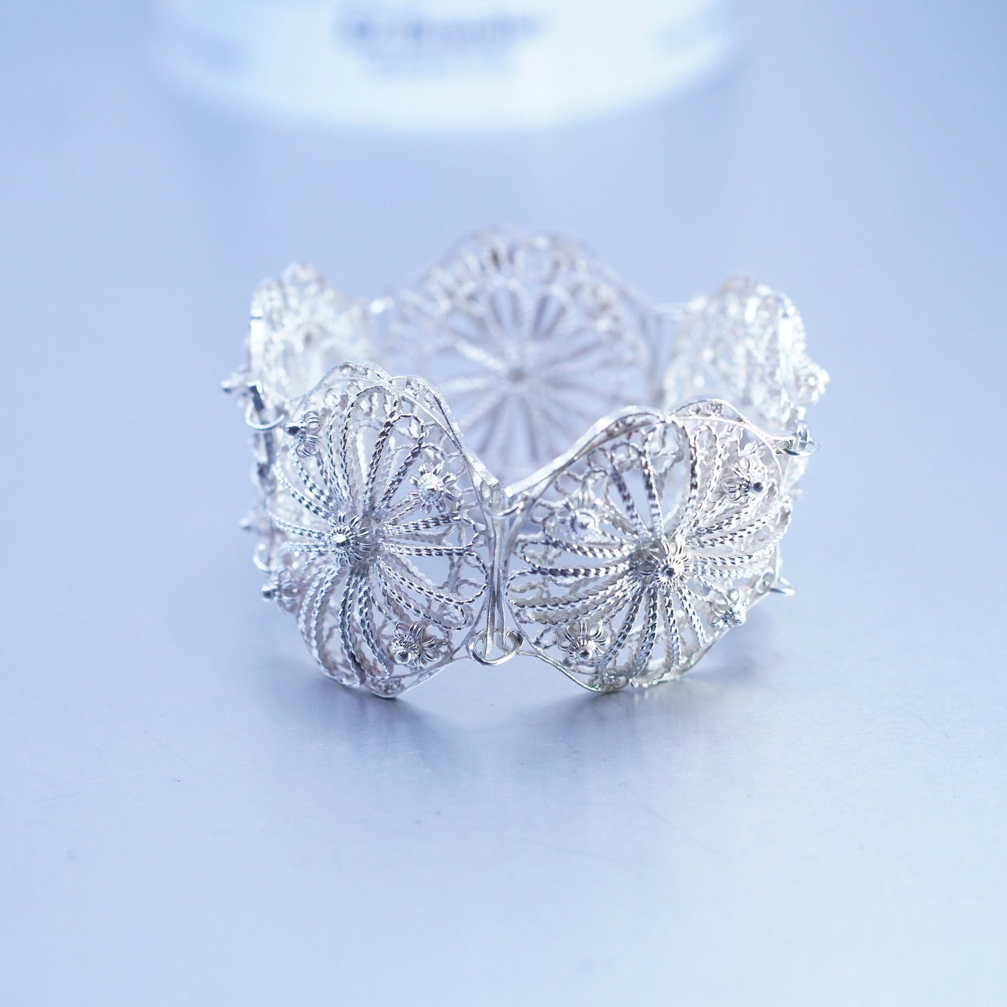 6.75”, vintage Sterling 925 silver handmade filigree flower bracelet