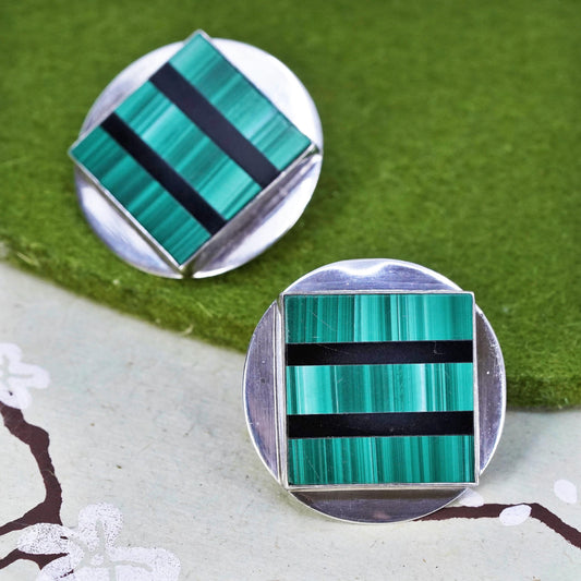 southwestern sterling silver earrings, circle square 925 studs malachite onyx