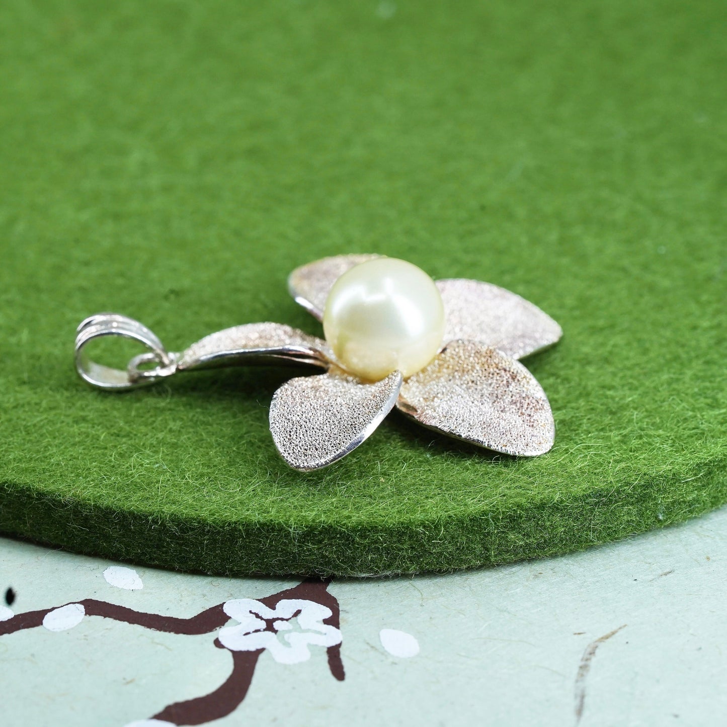 Sterling silver handmade pendant, glittering 925 plumeria flower charm pearl