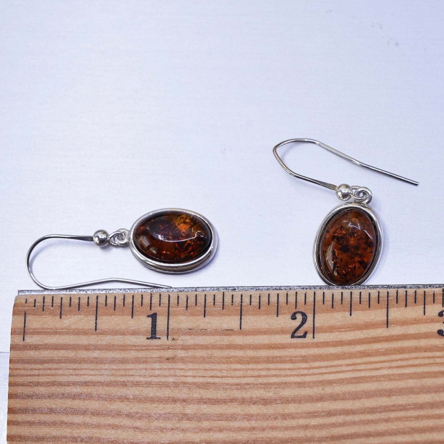 Vintage Sterling 925 silver handmade earrings with oval Amber