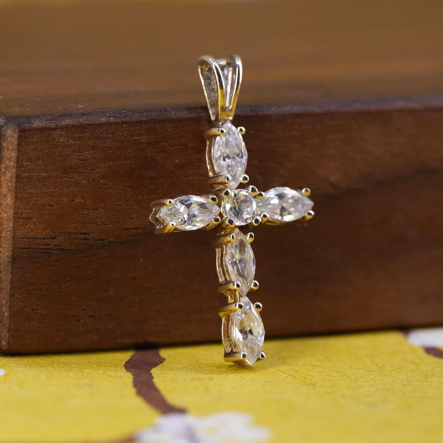 Vintage vermeil gold over Sterling silver handmade pendant, 925 cross with Cz