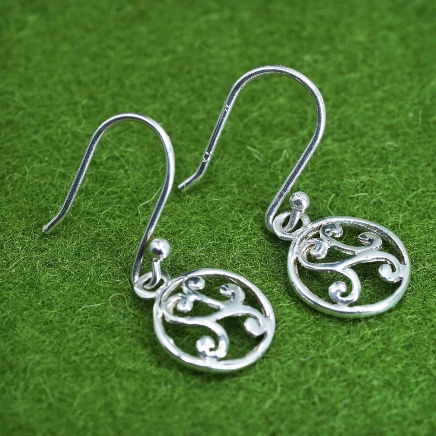 Sterling silver handmade earrings, modern 925 circle disc dangles swirly detail