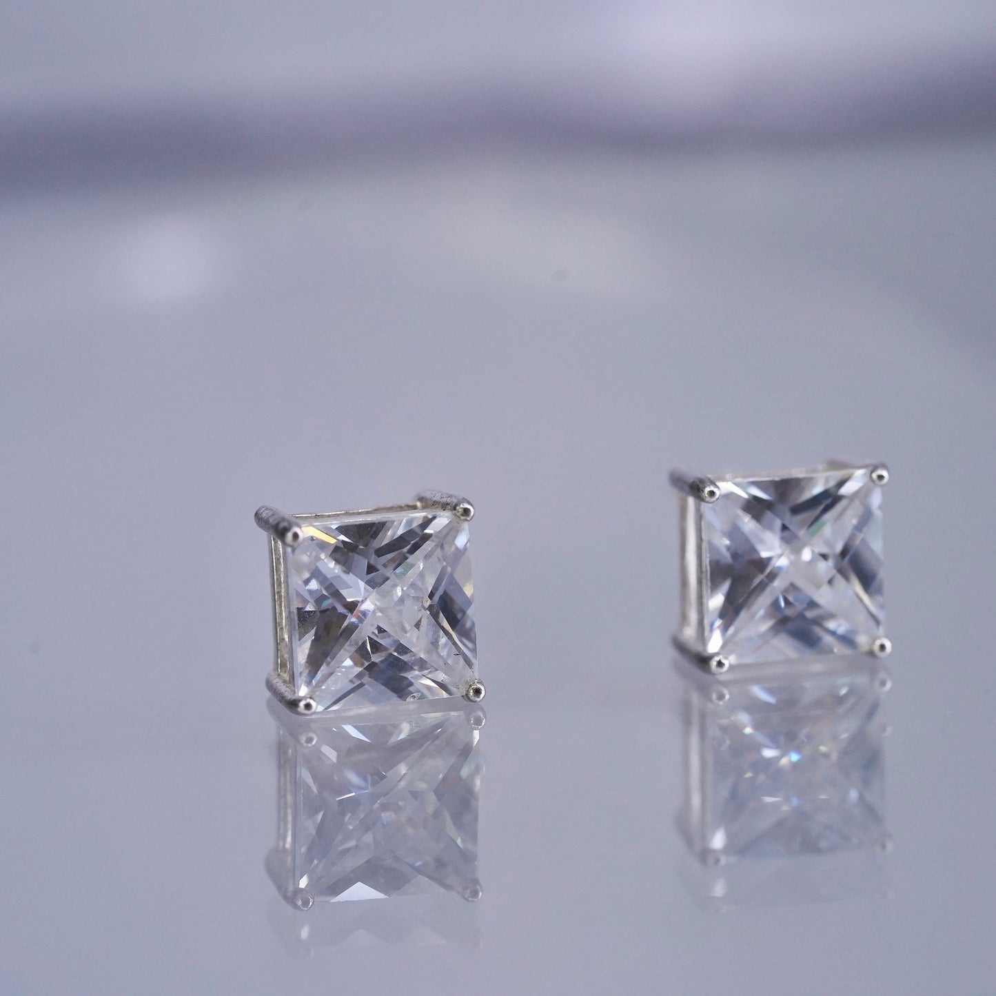 9mm, Vintage Sterling 925 silver earrings, studs with square cz inlay