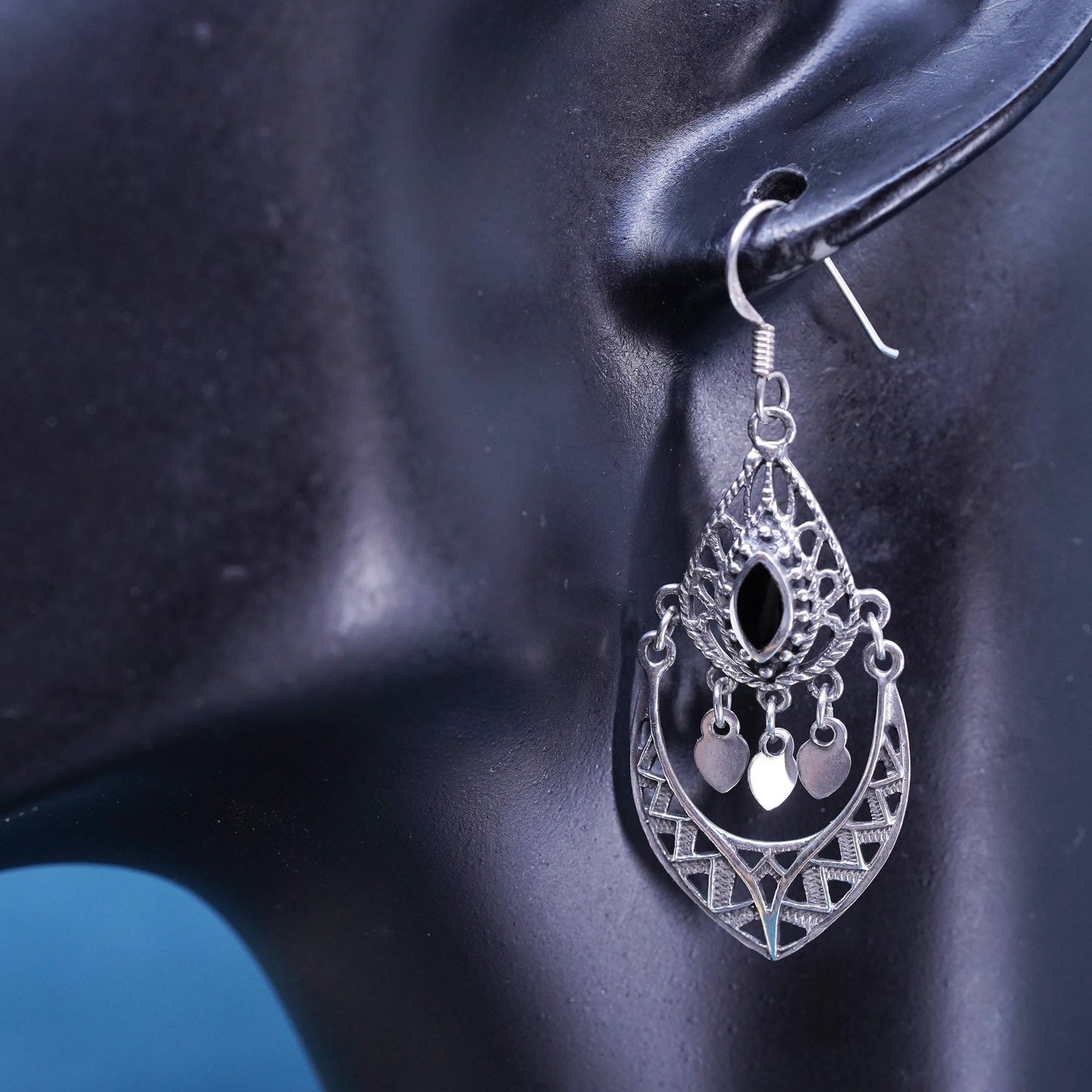 Vintage Sterling 925 Silver filigree Earrings with onyx inlay fridge dangles