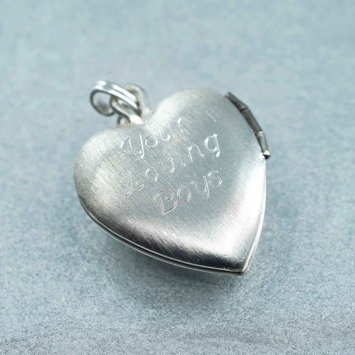 Sterling silver charm, textured 925 heart photos locket “your loving boys”