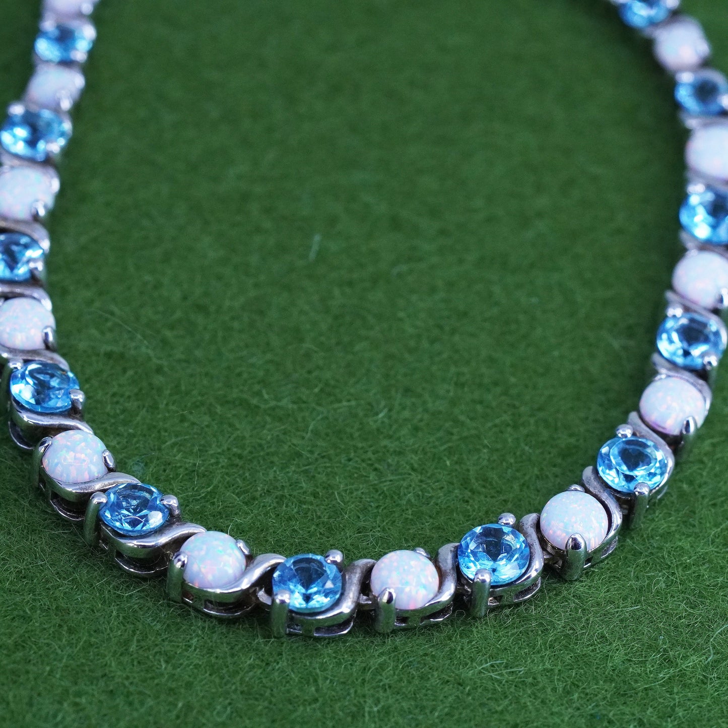 17", EMA sterling 925 silver tennis necklace with white opal and aquamarine