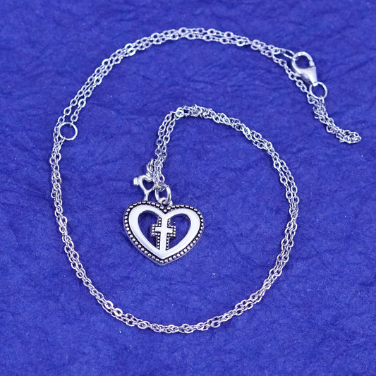 16+2”, Sterling silver handmade necklace, 925 circle chain heart cross pendant