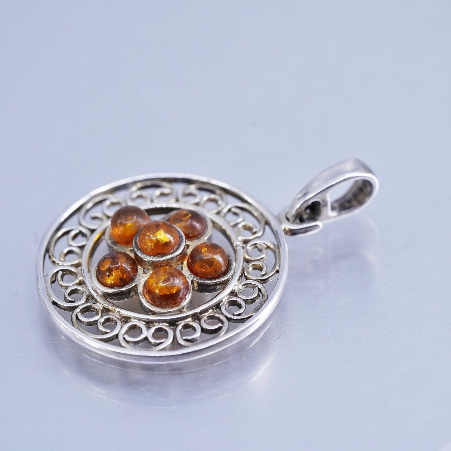 Vintage sterling 925 silver handmade filigree circle pendant with amber