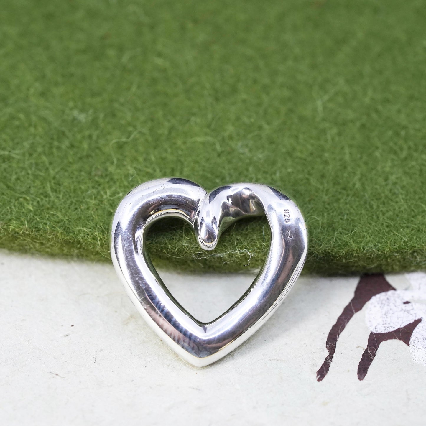 Vintage handmade sterling silver heart shaped pendant, solid 925 silver charm