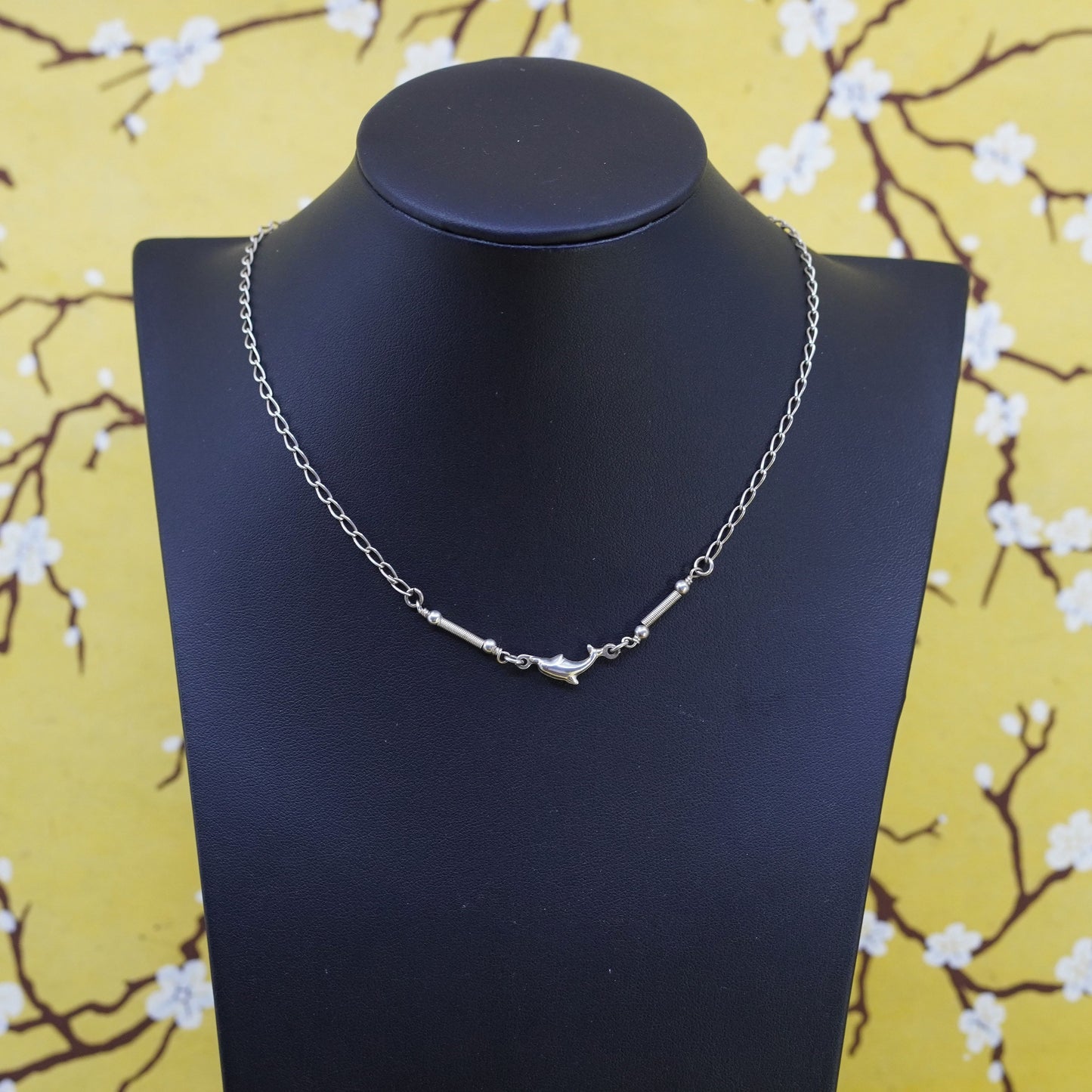 16”, vintage Sterling 925 Silver curb Chain Necklace with dolphin Pendant