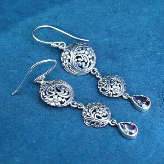 Sterling silver earrings, 925 filigree drops teardrop rainbow topaz