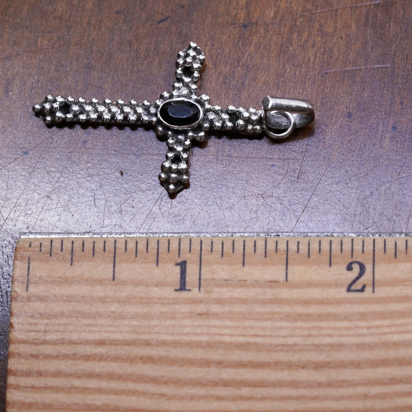 vintage sterling silver handmade pendant, 925 cross with onyx and beads around