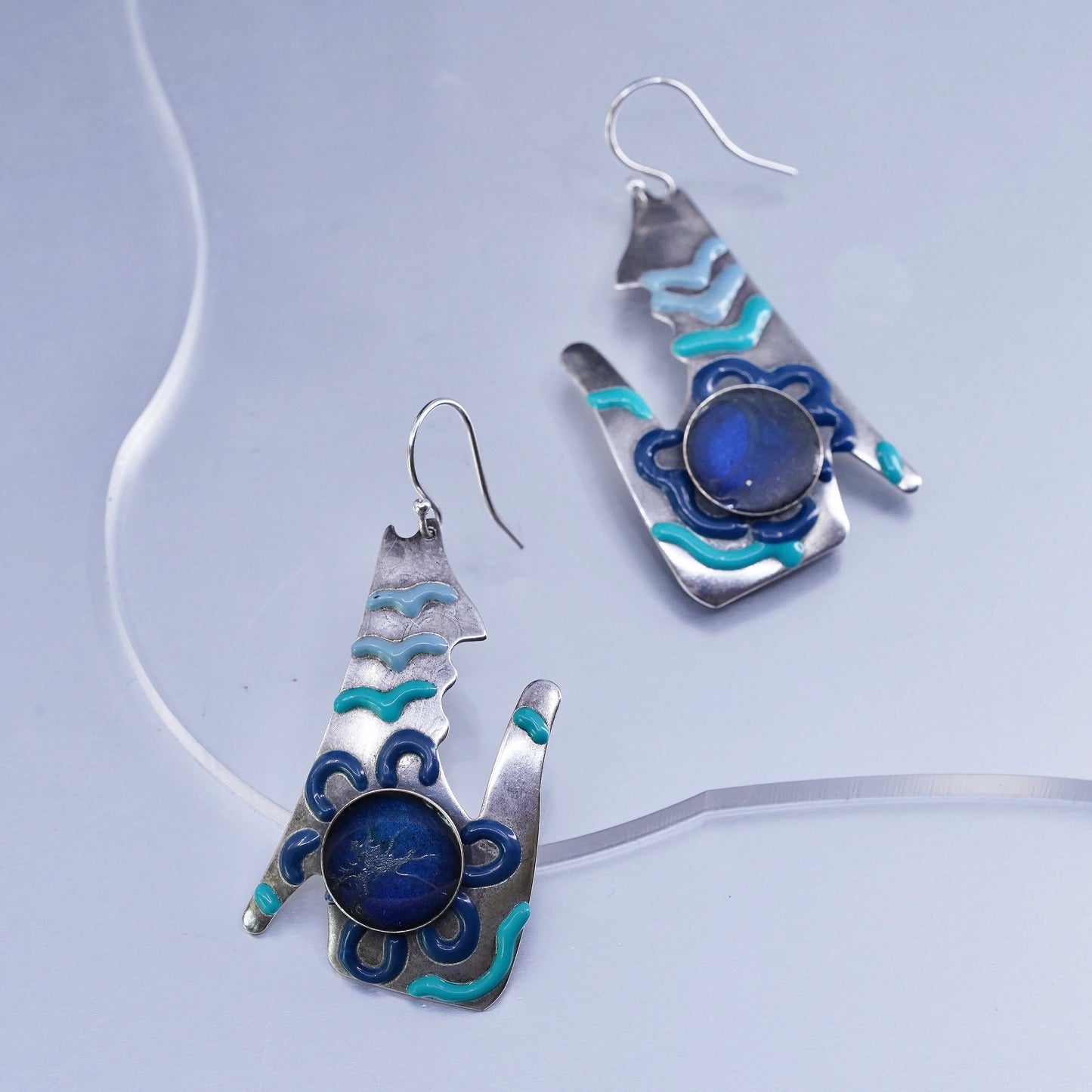 Vintage southwestern Sterling 925 silver wolf earrings with blue enamel inlay