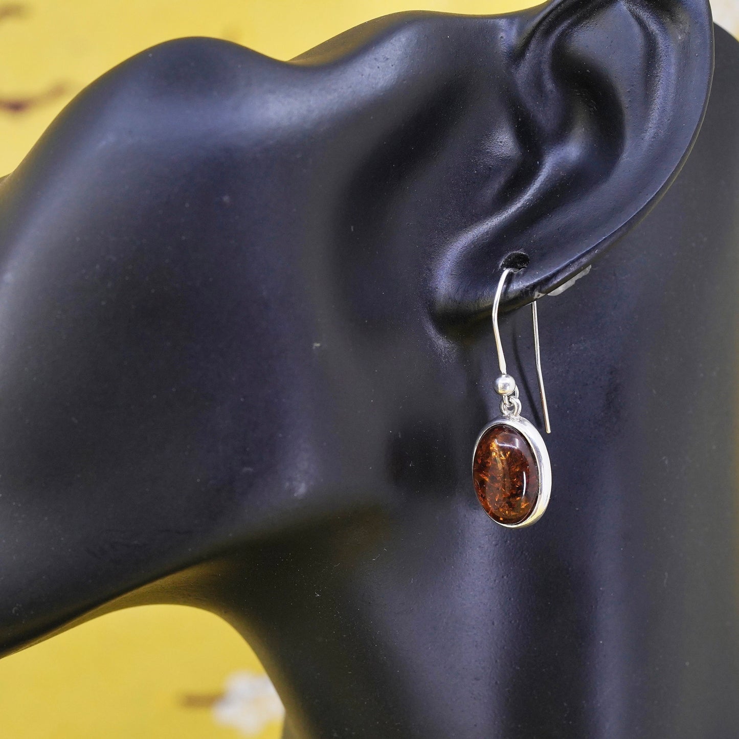 Vintage Sterling 925 silver handmade earrings with oval Amber